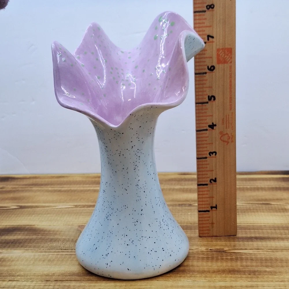 Art Ceramic Swung Vase‎ Artist Initials Speckled Grey  Pink Inside 8